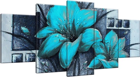 Schilderij handgeschilderd Bloemen | Turquoise , Grijs | 150x70cm 5Luik