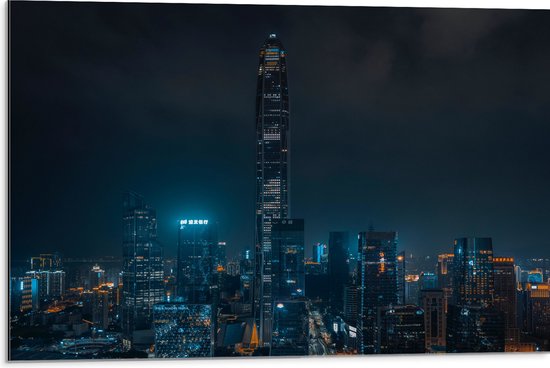 Dibond - Skyline in Hongkong in de Nacht, China - 75x50 cm Foto op Aluminium (Met Ophangsysteem)