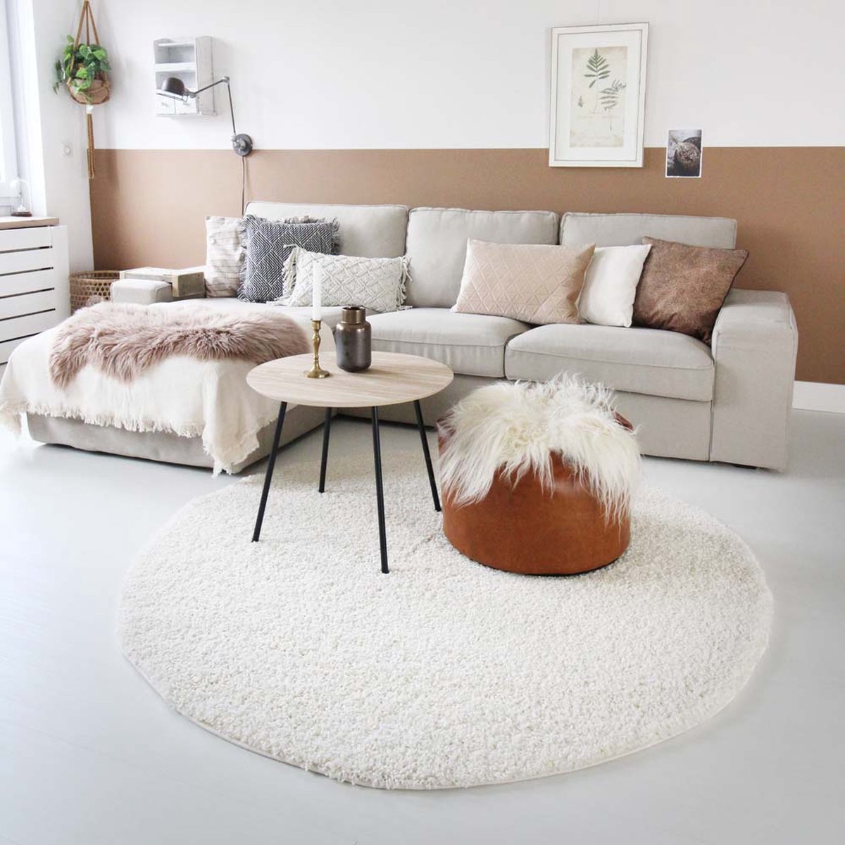 Hoogpolig vloerkleed shaggy Trend effen rond - crème 160 cm