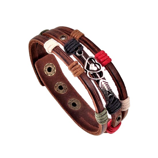 Armband Unisex - Houtkleurige Bruin Leer - Leder Armband met Dubbele Hart zilverkleurige - Multicolor-Veters