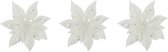 8x stuks decoratie bloemen kerststerren wit glitter op clip 15 cm - Decoratiebloemen/kerstboomversiering/kerstversiering