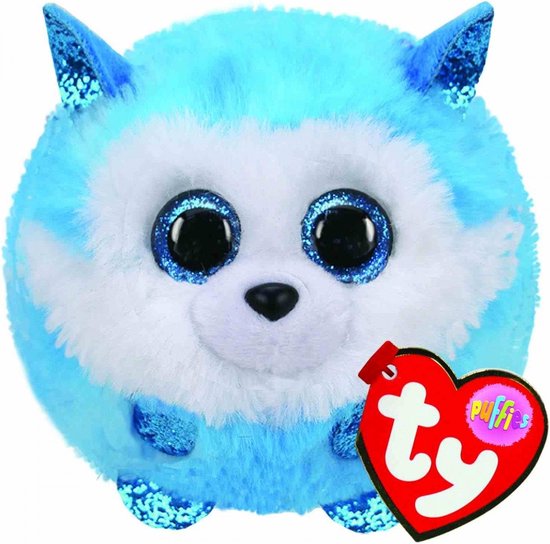 Peluche Teeny Puffies bleue et blanche, duveteuse, avec des oreilles et des pattes pailletées.