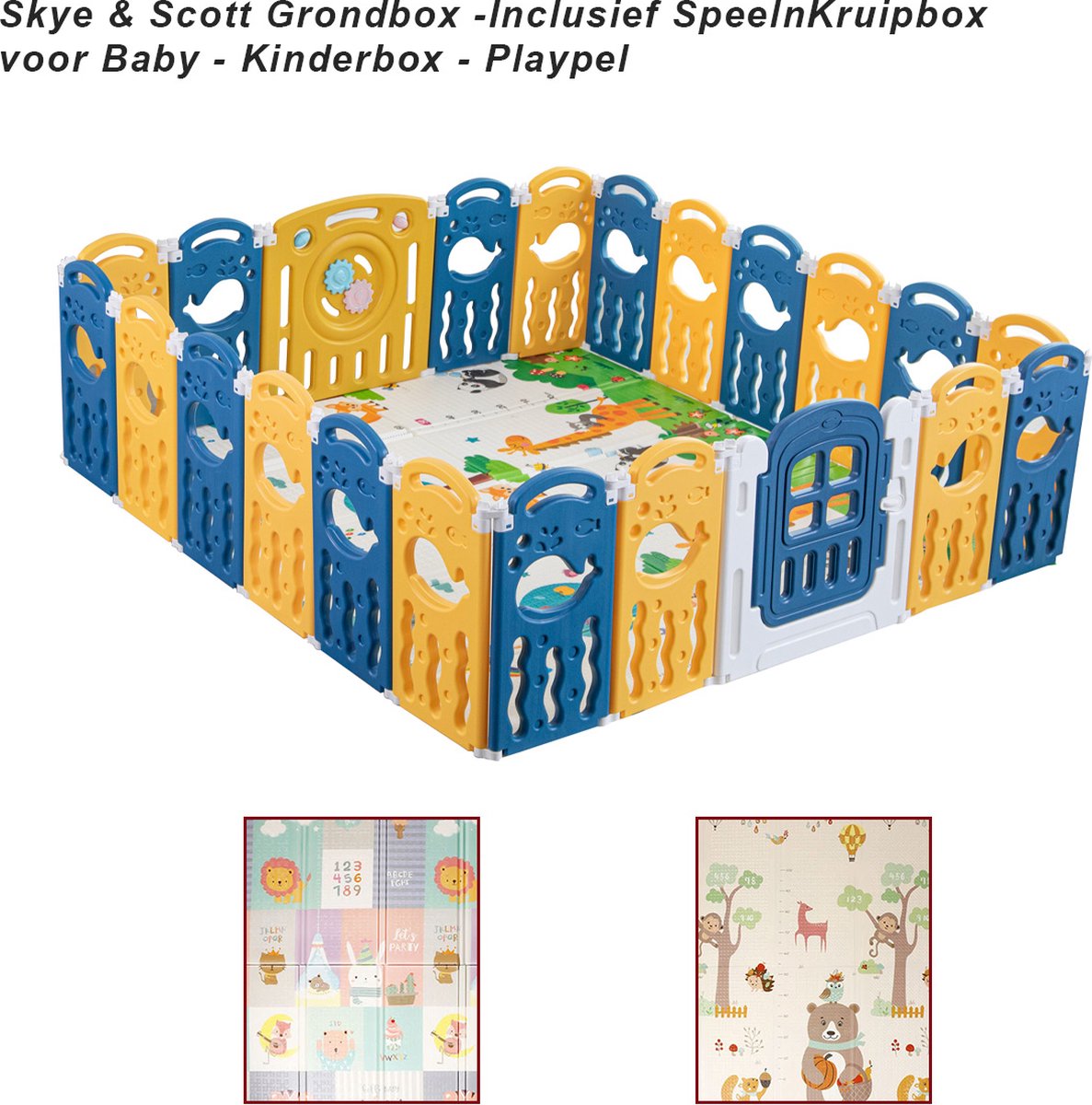K IKIDO Kunststof Grondbox - HDPE Paneel Speelbox - Kinderbox - Zuigeling & Peuter Spelen Hek - Opvouwbare Baby Speelruimte met Veiligheidsslot - Educatief Speelgoed - met dubbelzijdige opvouwbaar speelmat - 180 * 210 cm