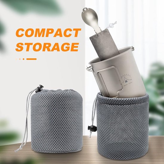 Camping titanium beker, titanium campingbeker met deksel, 99,8% titanium pot met lepel en draagbare zak (750 ml pan) — afbeelding 3