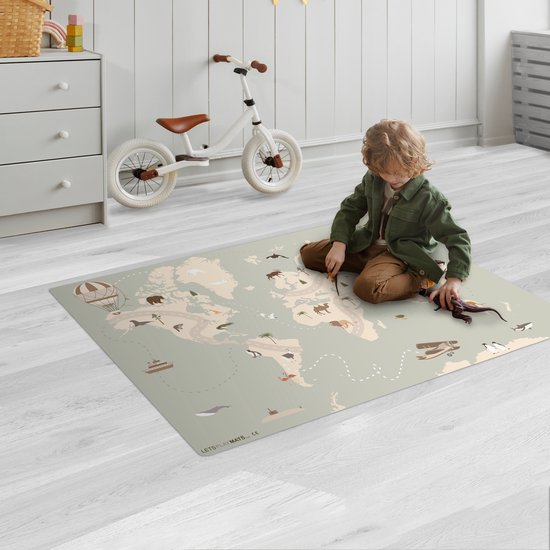 LetsPlaymats® Speelmat baby kinderen - Wereldkaart - Dieren - Vliegtuig - Kind - Luchtballon - Speelkleed van vinyl - Speeltapijt - Antislip - 105x70 cm van LetsPlaymats® — afbeelding 2