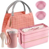 Lunchbox voor volwassenen, broodtrommel en drinkware, mokkenset, broodtrommel voor kinderen met 3 zakken, Japanse lekvrij bentobox, magnetronbestendig, roze