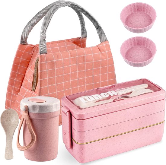 Foto: Lunchbox voor volwassenen broodtrommel en drinkware mokkenset broodtrommel voor kinderen met 3 zakken japanse lekvrij bentobox magnetronbestendig roze