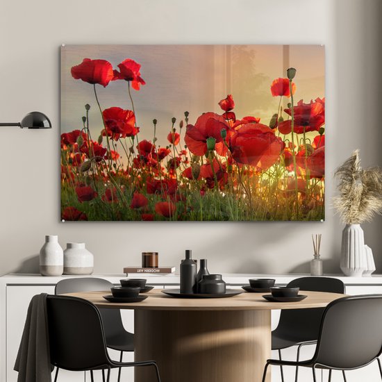Peinture sur verre Fleurs - Coquelicots - Rouge - Coucher de soleil - Peintures de salon - Photo sur verre - Plaque de verre - Décoration de chambre - 120x80 cm - Décoration murale - Décoration murale - Chambre - Peinture sur verre