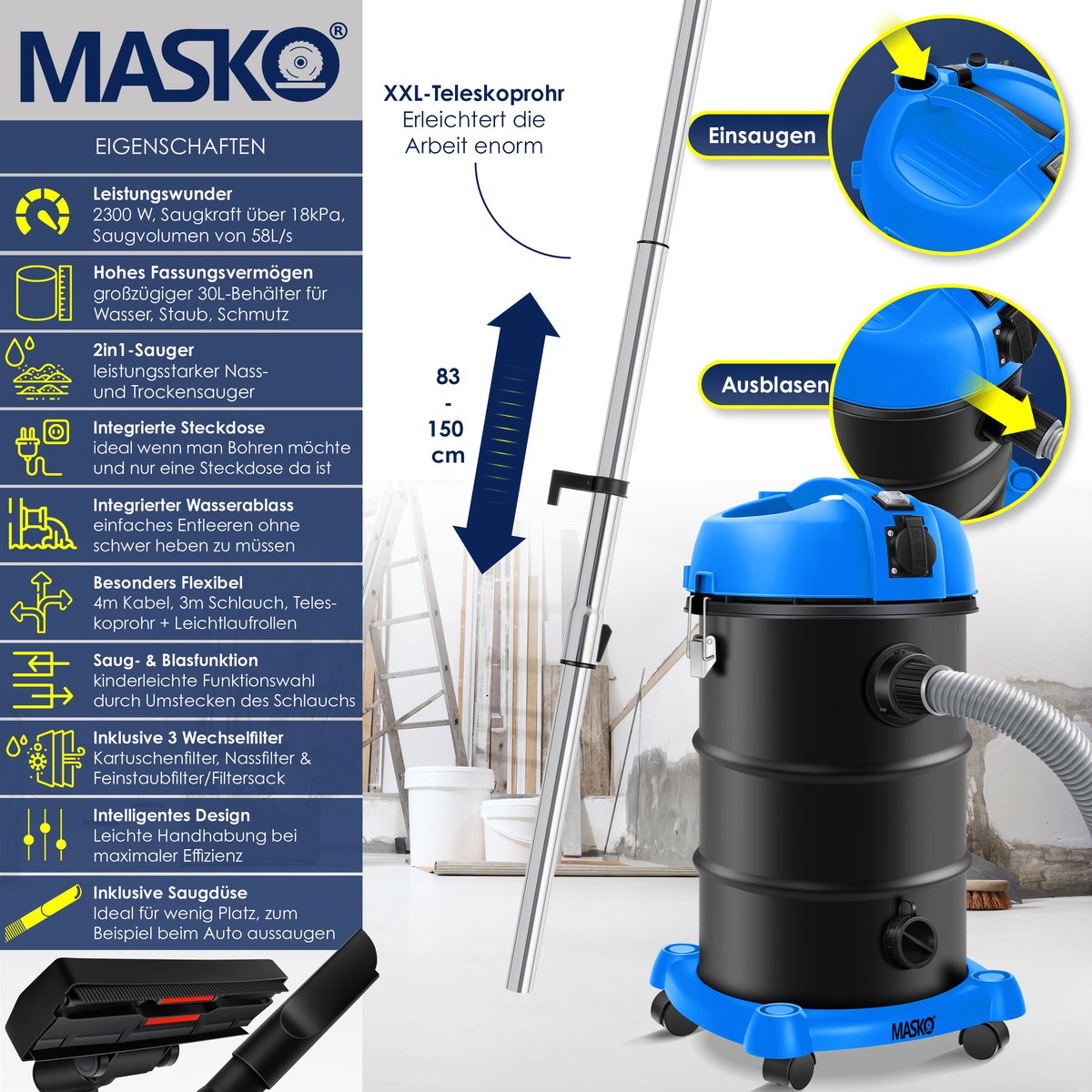 MASKO® Alleszuiger 6IN1 Nat- en Droogzuiger 2300W + stopcontact, Blaasfunctie, Droog- & natzuigen | Industriële stofzuiger vuilreservoir 30L Bouwstofzuiger - Blauw – foto 7