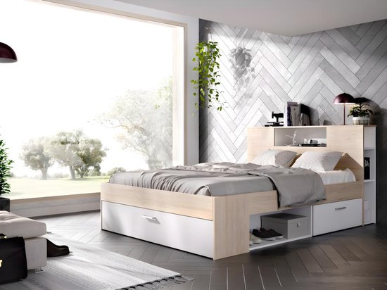 Bed met hoofdeinde, opbergruimte en lades - 160 x 200 cm - Wit en naturel - LEANDRE L 228.5 cm x H 95 cm x D 169.5 cm