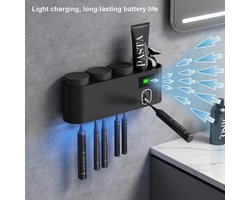 tandenborstelsterilisator, elektrische tandpastadispenser, wandgemonteerde badkamertandenborstelhouder, opladen via zonne-energie of USB, 3 kopjes, 6 tandenborstelhouders-UV Black