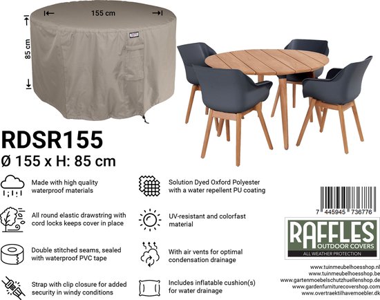 Ronde tuinsethoes van 155 cm breed en 85 cm hoog, over een houten tafel met vier donkergrijze stoelen. Afmetingen en productinformatie zichtbaar.