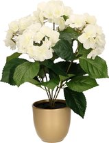 Hortensia kunstplant/kunstbloemen 40 cm - wit - in pot goud mat - Kunst kamerplant