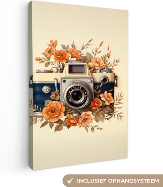 Canvas Schilderij Vintage - Camera - Bloemen - Beige - Oranje - 60x90 cm - Wanddecoratie