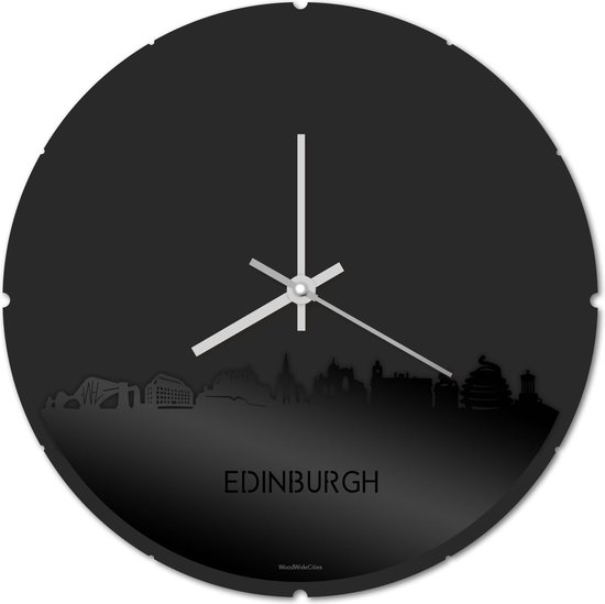 Skyline Klok Rond Edinburgh Zwart Glanzend - Ø 44 cm - Stil uurwerk - Wanddecoratie - Meer steden beschikbaar - Woonkamer idee - Woondecoratie - City Art - Steden kunst - Cadeau voor hem - Cadeau voor haar - Jubileum - Trouwerij - Housewarming -