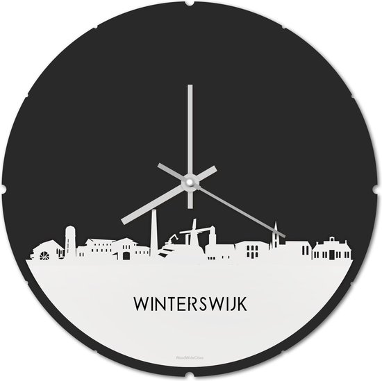 Skyline Klok Rond Winterswijk Wit Glanzend - Ø 44 cm - Stil uurwerk - Wanddecoratie - Meer steden beschikbaar - Woonkamer idee - Woondecoratie - City Art - Steden kunst - Cadeau voor hem - Cadeau voor haar - Jubileum - Trouwerij - Housewarming -