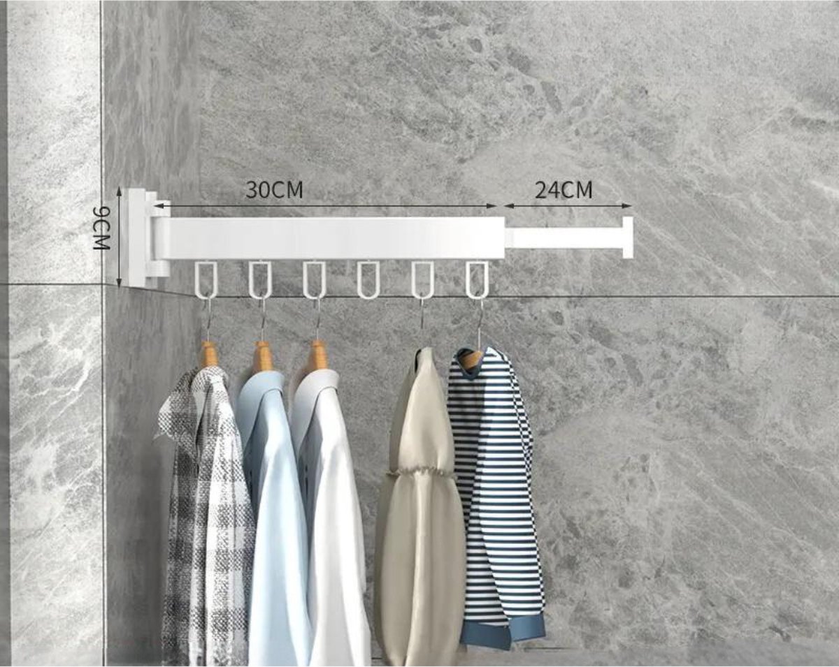 Wanddroogrek Inklapbaar 6 Haken - Droogrek Muur Wandmontage Ophangbaar - Clothes Rack Uitschuifbaar + Montage Kit - Wit