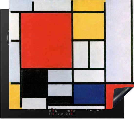 Kookplaatbeschermer met Mondriaan-patroon op een inductiekookplaat.