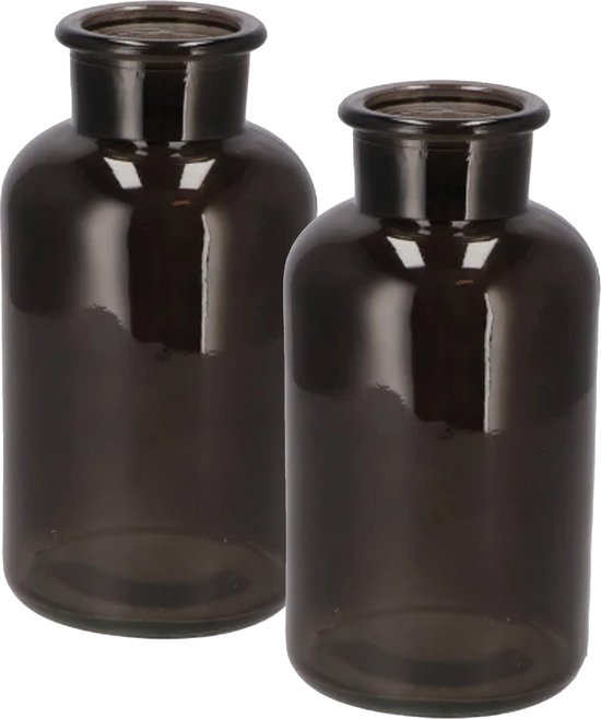 DK Design Bloemenvaas/siervaas melkbus fles model - 2x - helder gekleurd glas - zwart - D10 x H20 cm