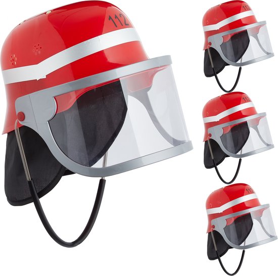 Relaxdays brandweerhelm kinderen - set van 4 - rood - verstelbaar - brandweer - vizier