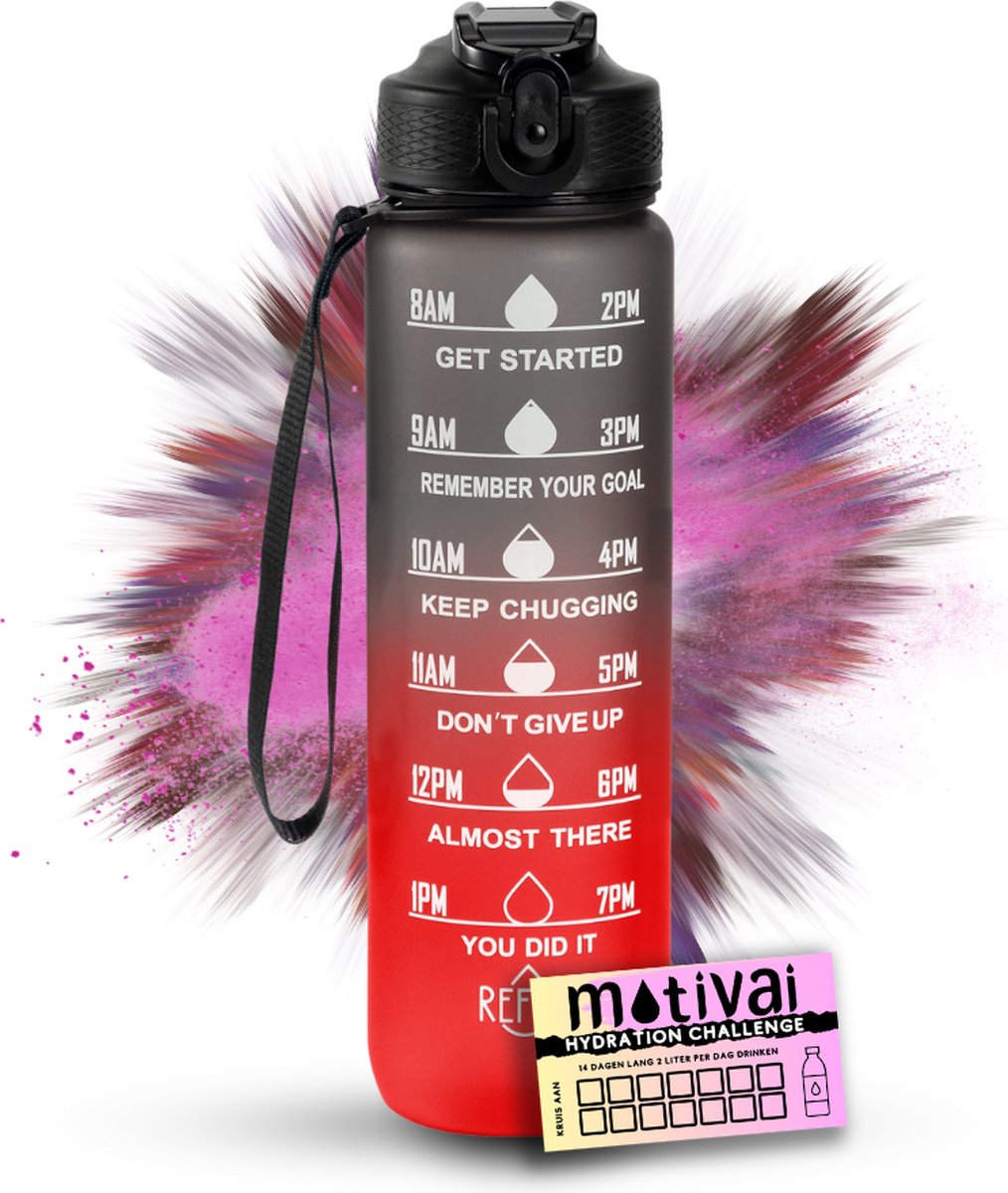 Motivatie Waterfles Motivai® - Zwart/Rood - Inclusief Extra Afsluitklepje - 1 Liter - Motiverende Drinkfles met Rietje - BPA Vrij - Met Motivai® Hydration Challenge