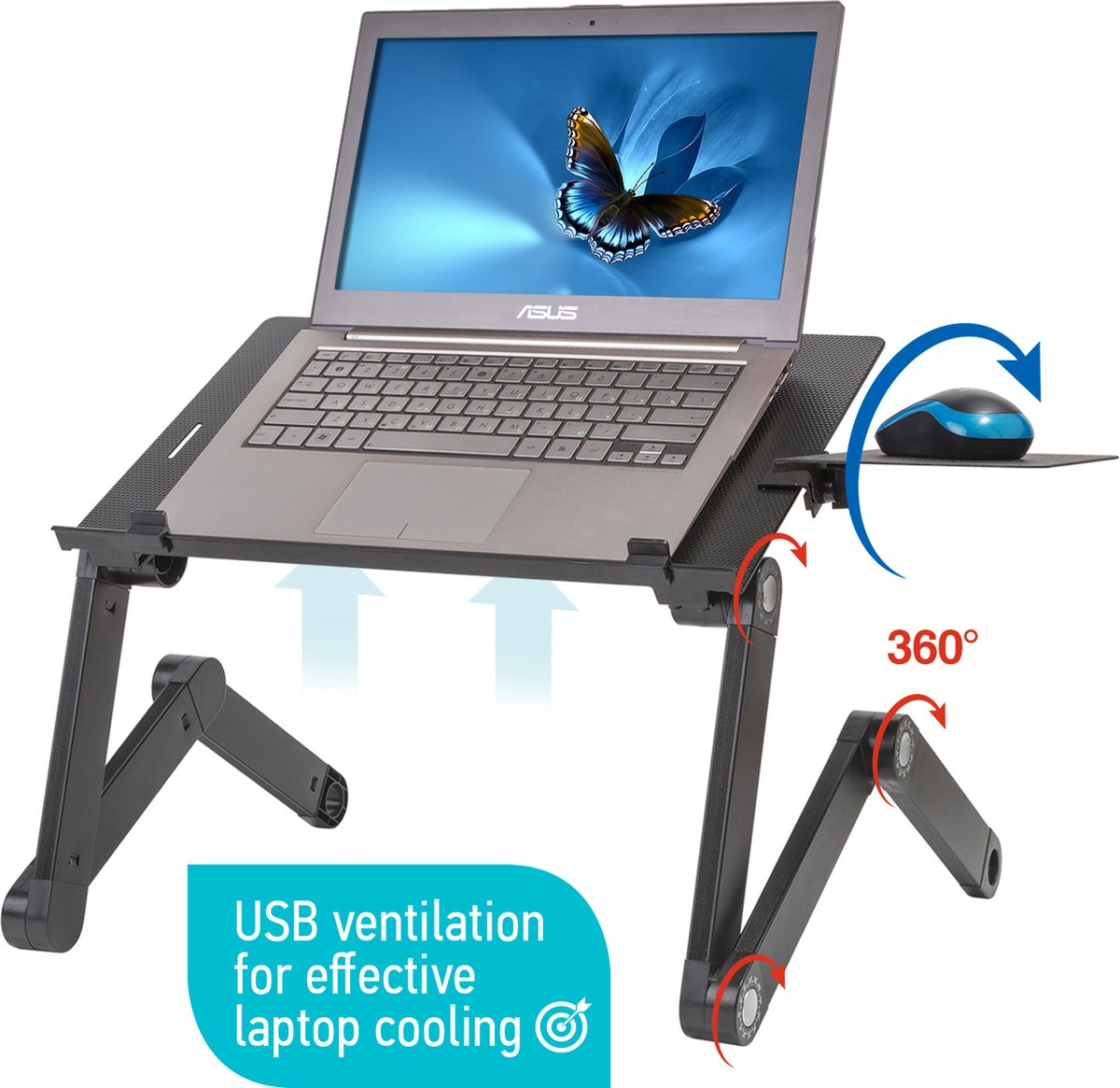WonderWorker EINSTEIN Laptopstandaard, inklapbaar, in hoogte verstelbaar, laptopstandaard voor bed, muisplank, 2 USB-ventilatoren, aluminium, zwart