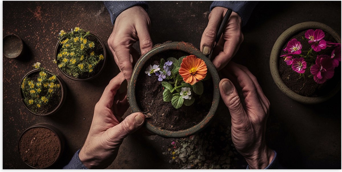 Poster Glanzend – Bloemen - Bloempot - Potgrond - Handen - 100x50 cm Foto op Posterpapier met Glanzende Afwerking