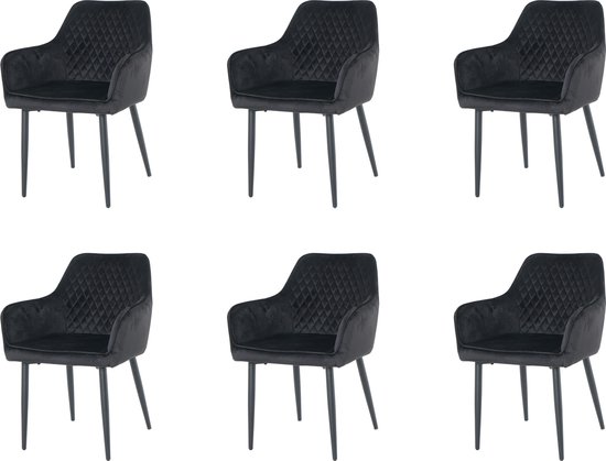 Nuvolix velvet eetkamerstoelen met armleuning set van 6 "Barcelona" - stoel met armleuningen - eetkamerstoel - velvet stoel - zwart