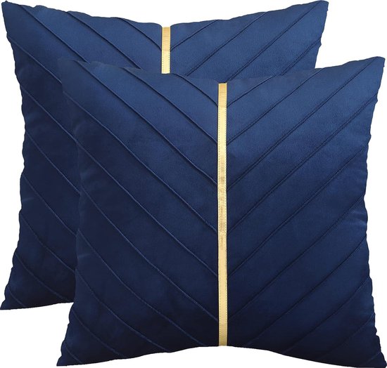 Marineblauwe fluwelen kussenhoezen, 45 x 45 cm, 2 stuks decoratieve bank, luxe moderne kussenhoezen voor woonkamer, slaapkamer, bankkussen, bed met goudkleurig leer