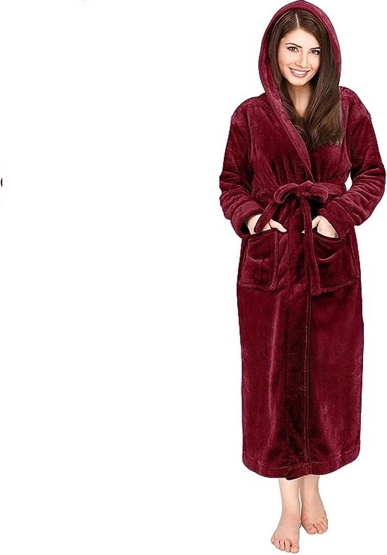 Badjas fleece maat - L - kleur – rood – capuchon- dames