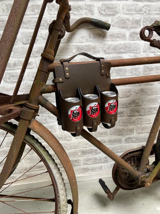 Dries Design D3SD - bierfleshouder - fiets bierfles houder - flessendrager - flessendrager fiets - fiets oldtimer - blikjes houder - blikjes houder fiets - bruin - leder
