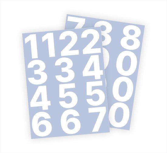 Cijfer stickers / Plaknummers - Stickervellen Set - Wit - 6cm hoog - Geschikt voor binnen en buiten - Standaard lettertype - Mat
