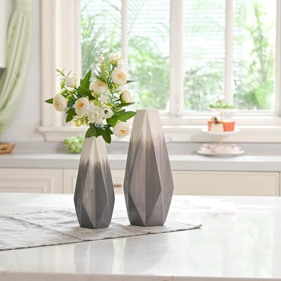 Keramische bloemenvazen, set van 2 grijze handgemaakte moderne geometrische decoratieve vaas voor woonkamer, keuken, tafel, thuis, kantoor, bruiloft, middelpunt of als een geschenk, 28 / 22cm