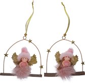 Viv! Christmas Kerstornament - Engeltjes van stof op schommel - 2 stuks - roze goud - 18cm