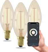 Calex Slimme Lamp - Set van 3 stuks - Wifi LED Filament Verlichting - E14 - Smart Kaars Lichtbron Goud - Dimbaar - Warm Wit licht - 4,9W