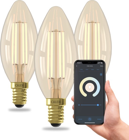 Calex Slimme Lamp - Set van 3 stuks - Wifi LED Filament Verlichting - E14 - Smart Kaars Lichtbron Goud - Dimbaar - Warm Wit licht - 4,9W