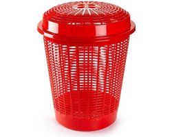Plasticforte Wasmand met deksel - 50 liter - rood - rond - D45 x H57 cm - opbergmand