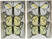 Decoris decoratie vlinders op clip - 6x - lichtgeel - 12 x 8 cm - hobbydecoratieobject