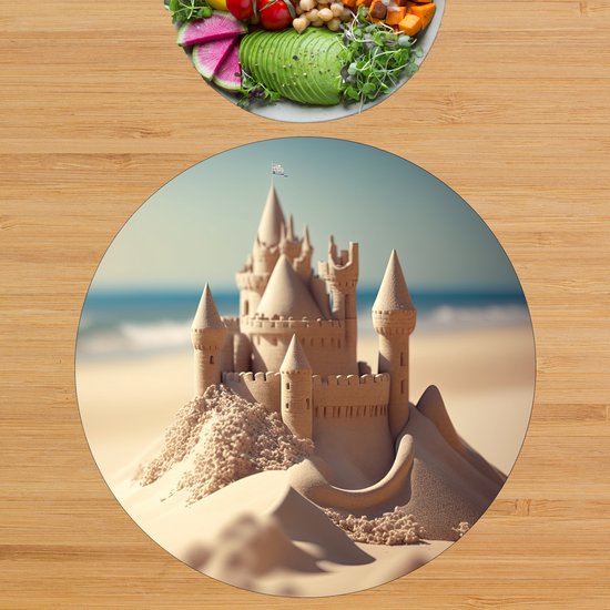 Flexibele Ronde Placemat - Prachtig Zandkasteel op het Strand - Set van 8 Placemats - 40x40 cm - PVC Doek - Afneembaar