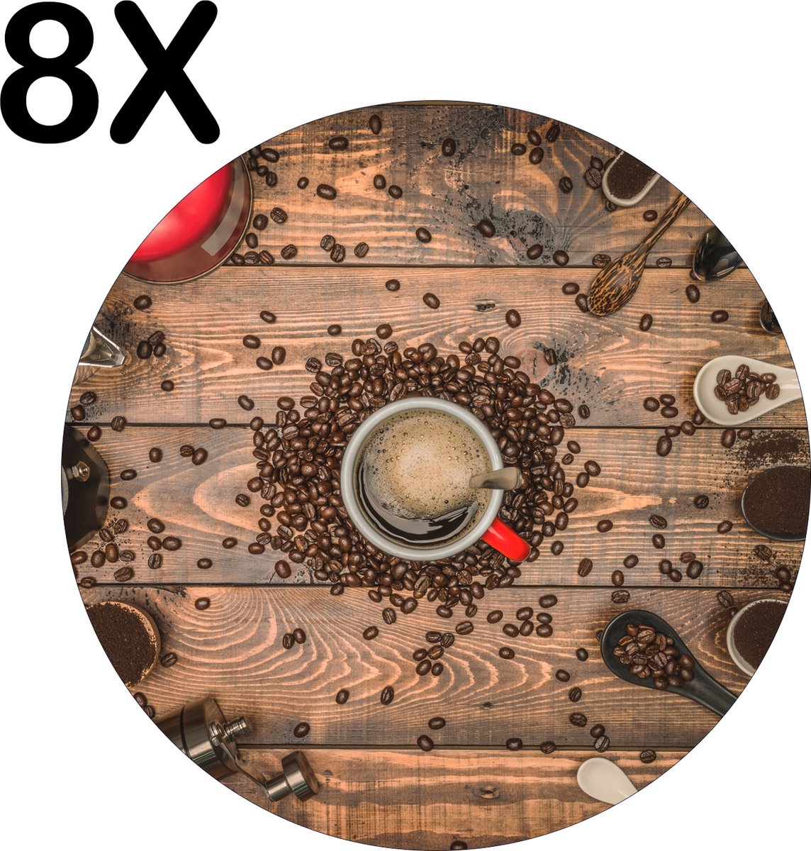 BWK Luxe Ronde Placemat - Koffie molens en Schepjes - Set van 8 Placemats - 50x50 cm - 2 mm dik Vinyl - Anti Slip - Afneembaar