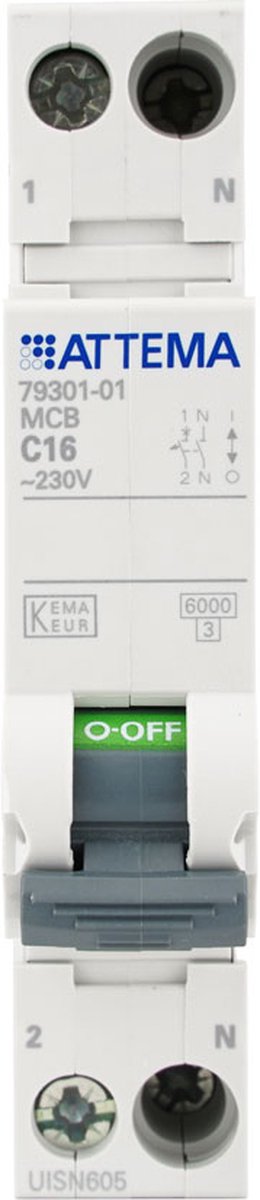 ATTEMA installatieautomaat 1-polig+nul 16A C-kar (AT90203)