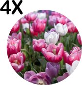 BWK Flexibele Ronde Placemat - Roze met Witte Tulpen - Set van 4 Placemats - 50x50 cm - PVC Doek - Afneembaar