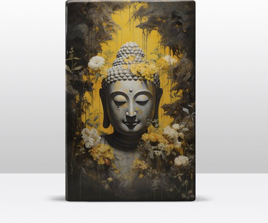 Buddha met bloemen - Laqueprint - 19,5 x 30 cm - Niet van echt te onderscheiden handgelakt schilderijtje op hout - Mooier dan een print op canvas. - LW518