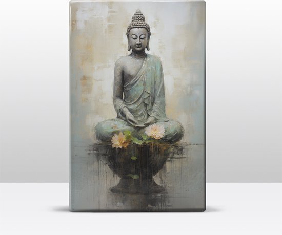 Buddha met bloemen - Mini Laqueprint - 9,6 x 14,7 cm - Niet van echt te onderscheiden handgelakt schilderijtje op hout - Mooier dan een print op canvas. - LWS507