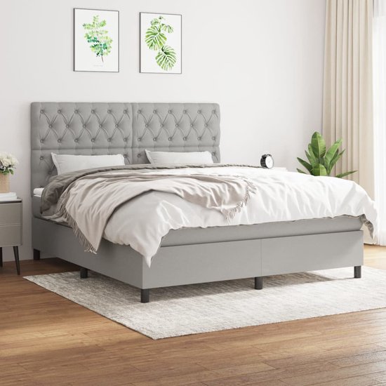 The Living Store Boxspringbed - - Bed - 160x200x118/128 cm - Lichtgrijs stof - Inclusief Pocketvering matras en Topmatras