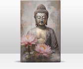 Buddha met bloemen - Mini Laqueprint - 9,6 x 14,7 cm - Niet van echt te onderscheiden handgelakt schilderijtje op hout - Mooier dan een print op canvas. - LWS516