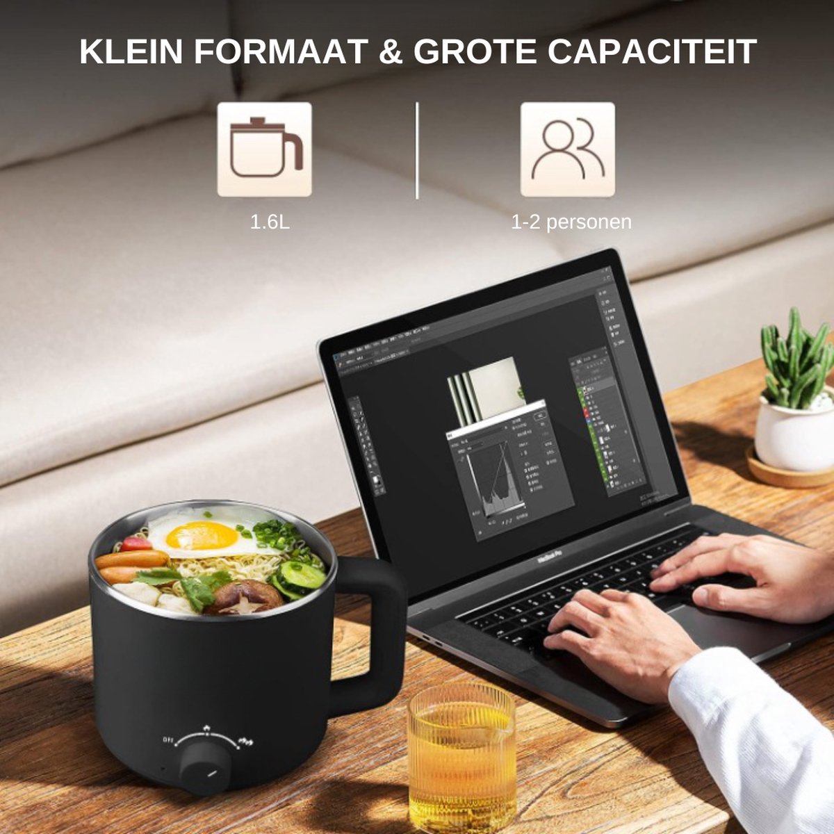 Afbeelding 3 van Multifunctionele Elektrische Hot Pot – Pan - 1,6 liter - Draagbare Snelkoker voor Soep, Ramen, Pasta, Havervlokken, Eieren - Krachtig 250W/600W - Antiaanbaklaag - Compact Zwart Ontwerp