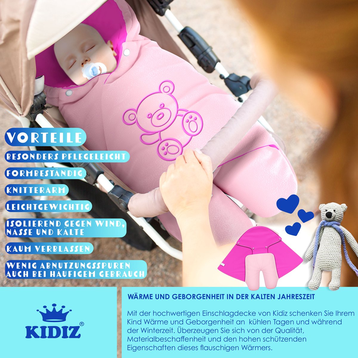 KIDIZ® Baby Slaapzak voor Buggy Voetenzak voor Autostoeltje & Wandelwagen Babyschaal, voor Winter met Kap + Babyslaapzak Deken voor Maxi-Cosi & Kinderwagen alle Gordelsystemen 3 & 5-Puntsgordel - Roze / Roze – foto 5