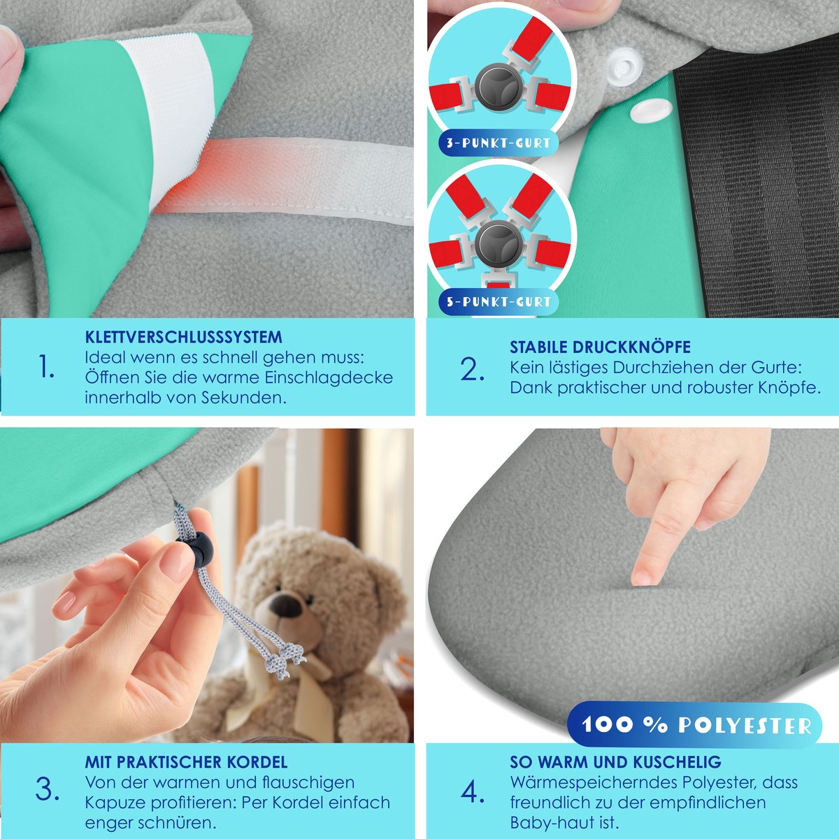 KIDIZ® Baby Slaapzak voor Buggy Voetenzak voor Autostoeltje & Wandelwagen Babyschaal, voor Winter met Kap + Babyslaapzak Deken voor Maxi-Cosi & Kinderwagen alle Gordelsystemen 3 & 5-Puntsgordel - Grijs / Turquoise – foto 7