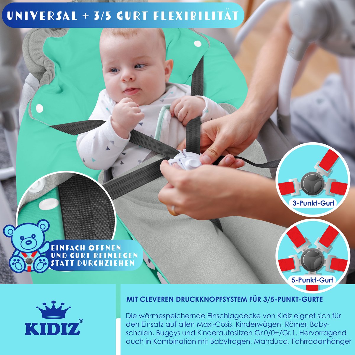 KIDIZ® Baby Slaapzak voor Buggy Voetenzak voor Autostoeltje & Wandelwagen Babyschaal, voor Winter met Kap + Babyslaapzak Deken voor Maxi-Cosi & Kinderwagen alle Gordelsystemen 3 & 5-Puntsgordel - Grijs / Turquoise – foto 3